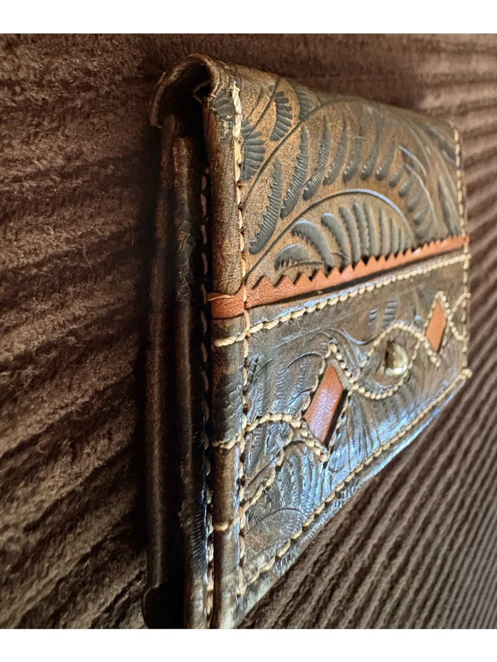 American West Tooled Leather Card Holder Wallet in Brown and Tan